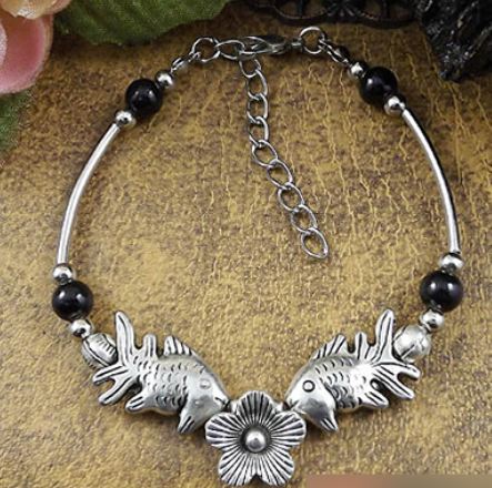 AZ1058B Silver Color Black Bead Fish Bracelet