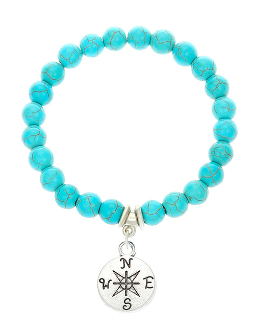 AZ281B Silver Color Compass Turquoise Crackle Bead Bracelet