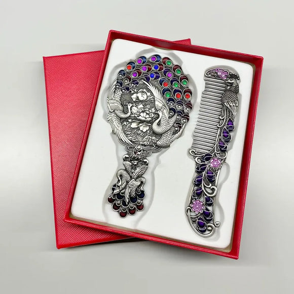 AZ513B Peacock Design Mirror and Comb Set Embossed Metal 2Pcs/Set