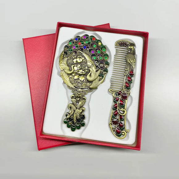 AZ512B Peacock Design Mirror and Comb Set Embossed Metal 2Pcs/Set