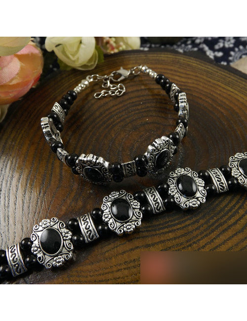 AZ498B Silver Color Black Bead Bracelet
