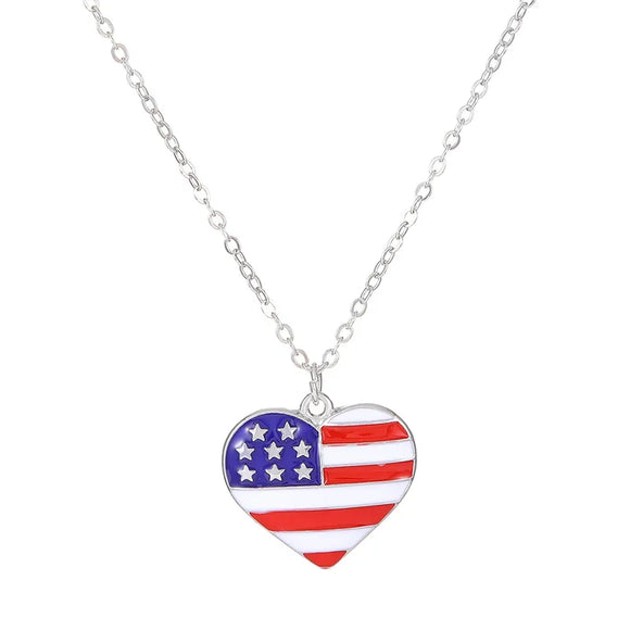 AZ1012B Silver Color Patriotic Heart Necklace with FREE Earrings