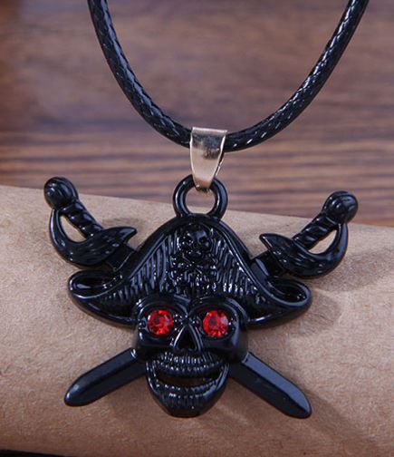 N1168 Black Pirate Gemstone Eyes on Leather Cord Necklace with FREE Earrings