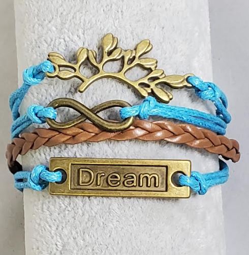 AZ1282 Turquoise Blue & Brown Dream Leaf Infinity Leather Bracelet