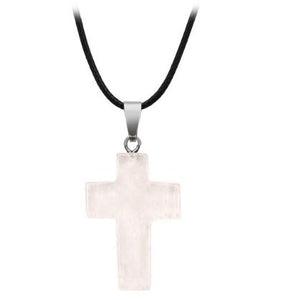 +N1079 Frosted Clear Cross Natural Quartz Stone on Leather Cord Necklace with FREE Earrings