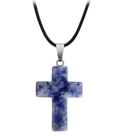 N106 Blue & Beige Cross Natural Quartz Stone on Leather Cord Necklace with FREE Earrings