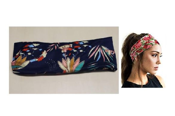 H658 Navy Blue Floral Design Wide Head Band