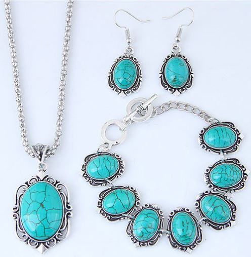 N1136 Silver Turquoise Oval Crackle Stone Necklace and Bracelet with FREE Earrings