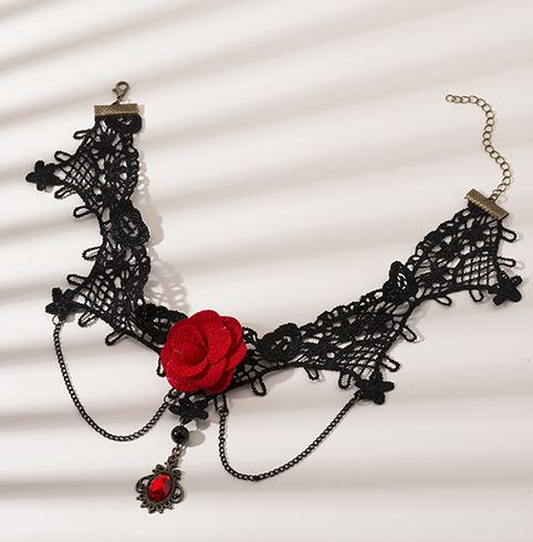 AZ1027 Black Lace Red Rose Choker Necklace With FREE Earrings