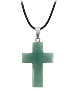 N1101 Green Cross Natural Quartz Stone on Leather Cord Necklace with FREE Earrings