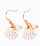 E473 Gold White Baked Enamel Seashell Earrings