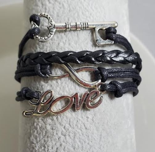 AZ1091 Black Key Love Infinity Layer Leather Bracelet