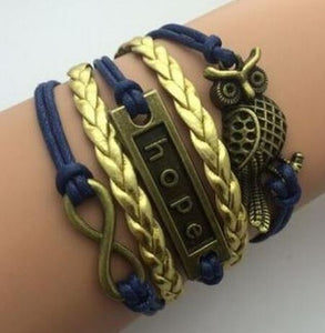 AZ1293 Blue & Gold Owl Hope Infinity Layer Leather Bracelet