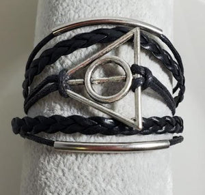 AZ1082 Black Deathly Hallows Silver Accent Layer Leather Bracelet