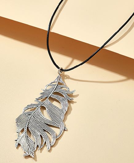 AZ1048 Silver Feather on Leather Cord Necklace with FREE Earrings