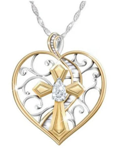 N414 Gold & Silver Heart with Cross Necklace with FREE Earrings