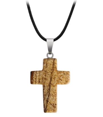 N1057 Sandy Beige Cross Natural Quartz Stone on Leather Cord Necklace with FREE Earrings