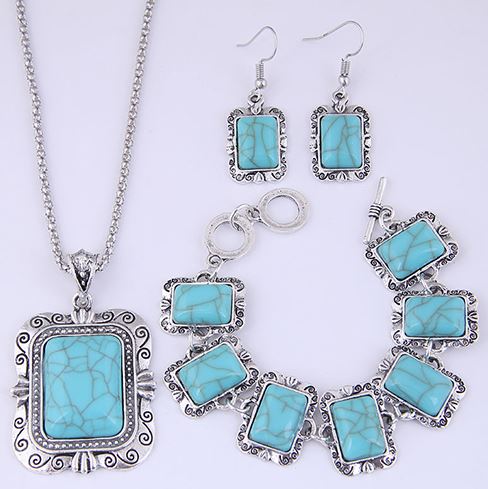 AZ1041 Silver Turquoise Rectangle Crackle Stone Necklace and Bracelet with FREE Earrings