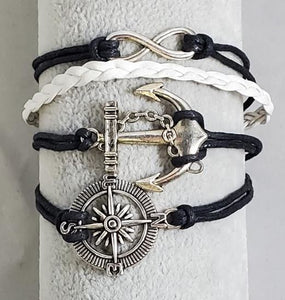 AZ1287 Black & White Compass Anchor Infinity Leather Bracelet