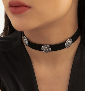 AZ1144 Black Silver Accent Choker Necklace with FREE EARRINGS