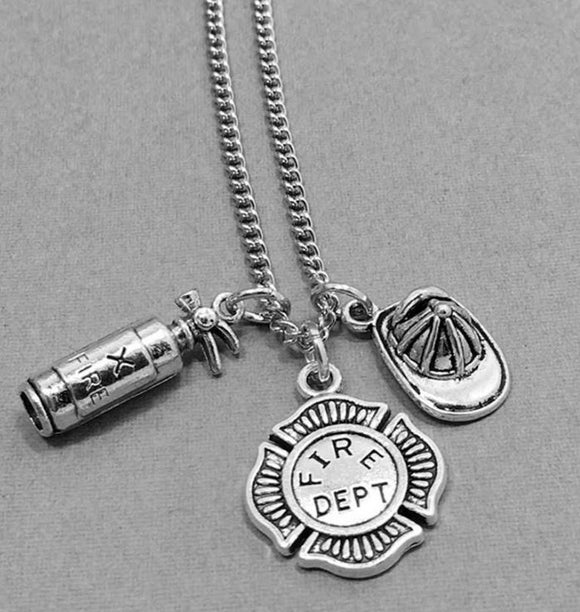 N1731 Silver Fire Fighter Charm Necklace with FREE Earrings
