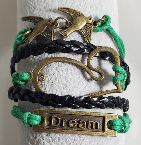 AZ1135 Black & Green Dream Bird Heart Infinity Layer Leather Bracelet