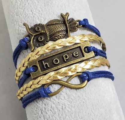 AZ1276 Blue & Gold Hope Owl Infinity Leather Bracelet