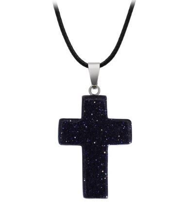 N1184 Black Blue Glitter Cross Natural Quartz Stone on Leather Cord Necklace with FREE Earrings