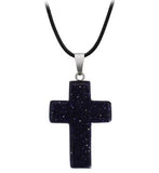 N1184 Black Blue Glitter Cross Natural Quartz Stone on Leather Cord Necklace with FREE Earrings