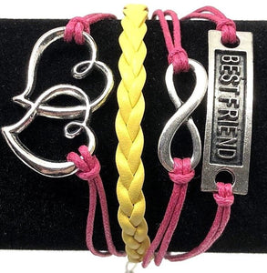 AZ1017 Hot Pink & Yellow Best Friend Heart Infinity Layer Leather Bracelet