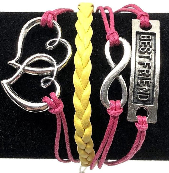 AZ1017 Hot Pink & Yellow Best Friend Heart Infinity Layer Leather Bracelet