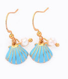 +E407 Gold Light Blue Baked Enamel Seashell Earrings