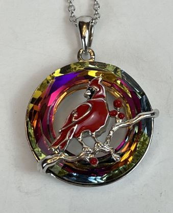 N1905 Silver Red Bird Cardinal Iridescent Gem Necklace with FREE Earrings