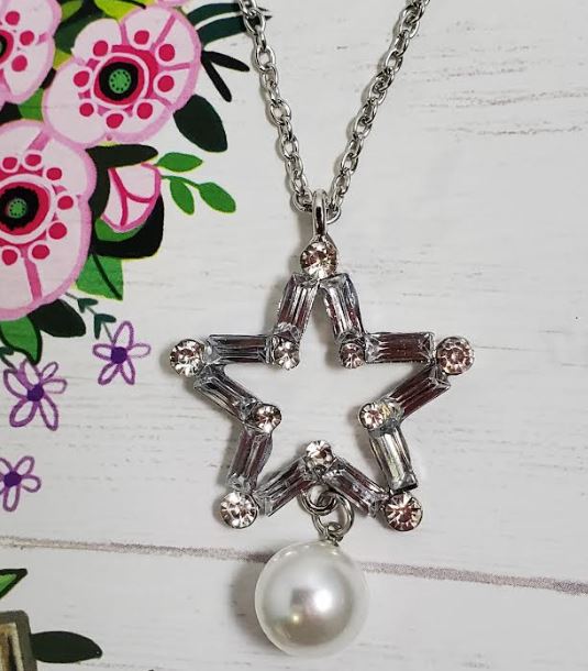 AZ1408 Silver Star Pearl Dangle Necklace with FREE Earrings