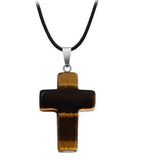 N1049 Brown Cross Natural Quartz Stone on Leather Cord Necklace with FREE Earrings