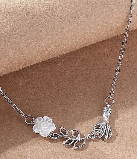 AZ1270 Silver Pearl Flower Hand Necklace with FREE Earrings