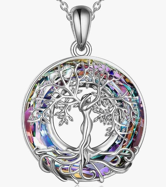 N1766 Silver Tree of Life Iridescent Gem Necklace with FREE Earrings