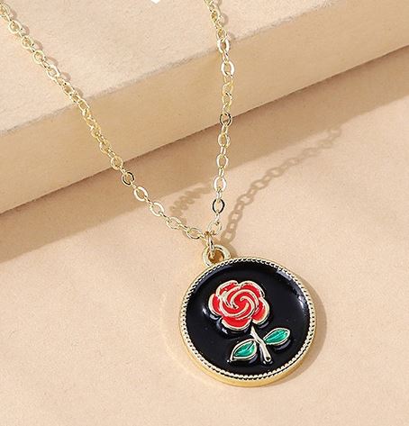 N1267 Gold Rose Token Necklace with FREE Earrings