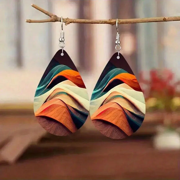 E412 Retro Waves of Color Leather Drop Earrings