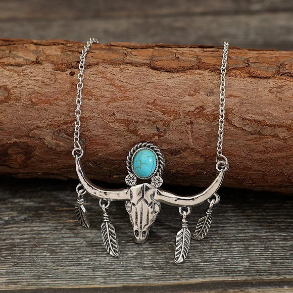 AZ198B Silver Colored Turquoise Gem Steer Head Necklace with FREE EARRINGS