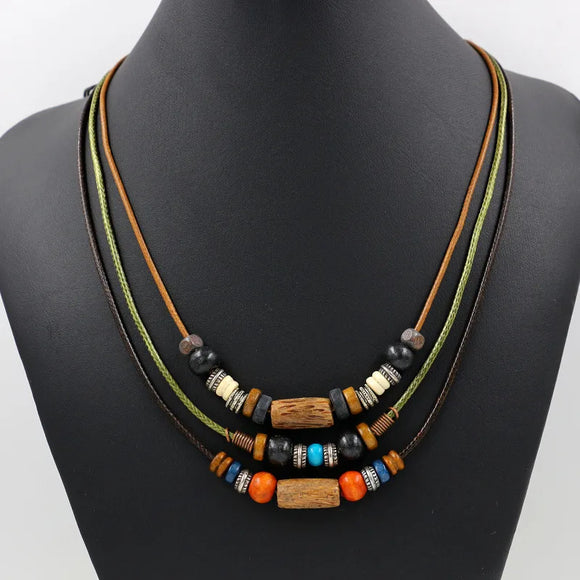 AZ209B Multi Cord Wood Bead Necklace with FREE EARRINGS