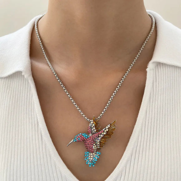 AZ221B Silver Colored Chain Colorful Humming Bird Gem Necklace with FREE EARRINGS