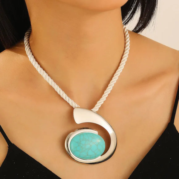 AZ223 Silver Colored Turquoise Gem Necklace with FREE EARRINGS