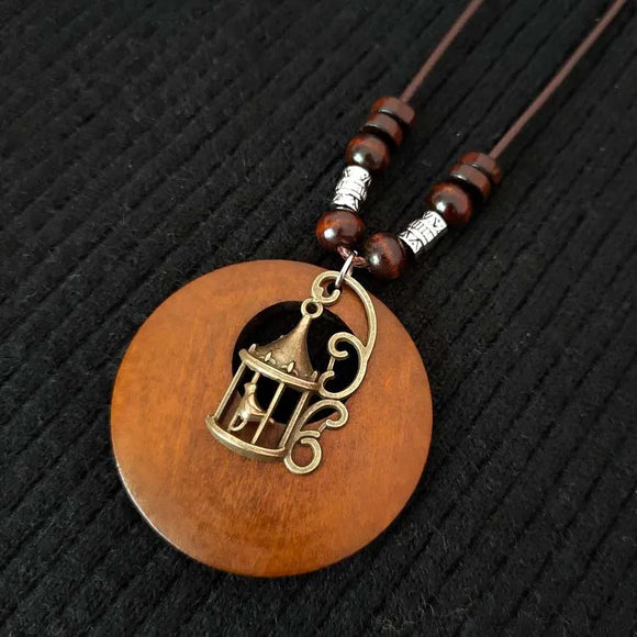 AZ226B Brown Cord Wood Disk Bird Cage Necklace with FREE EARRINGS