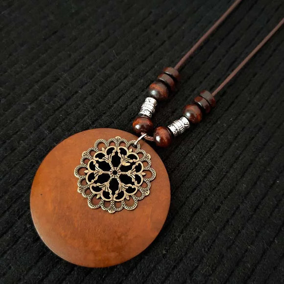 AZ230B Brown Cord Wood Disk Classy Design Necklace with FREE EARRINGS