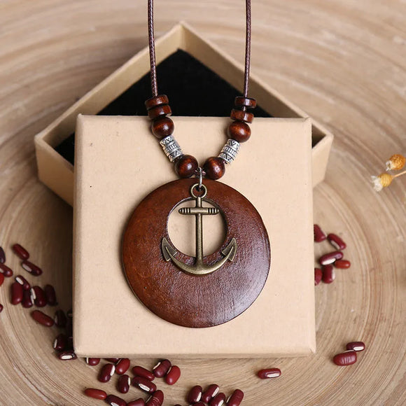 AZ232B Brown Cord Wood Disk Anchor Necklace with FREE EARRINGS