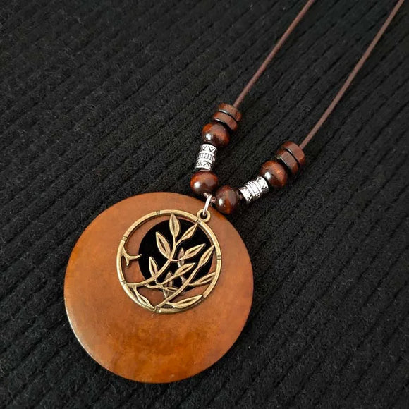 AZ233B Brown Cord Wood Disk Circle Leaves Necklace with FREE EARRINGS