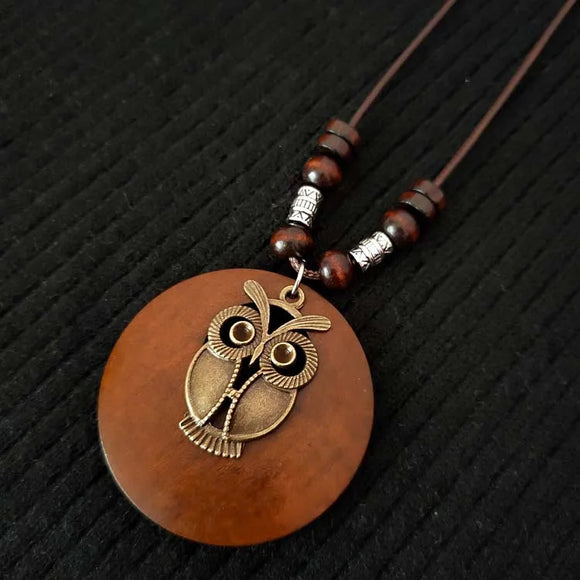 AZ234B Brown Cord Wood Disk Owl Necklace with FREE EARRINGS