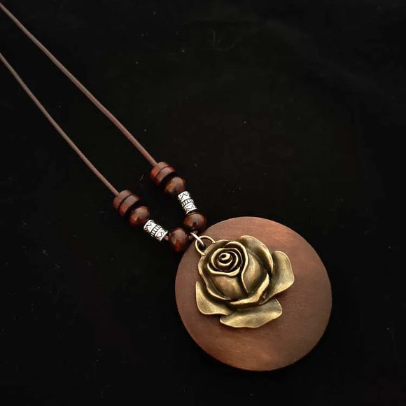 AZ312 Brown Cord Wood Disk Rose Necklace with FREE EARRINGS