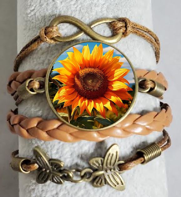 AZ1421 Brown Sunflower Leather Layered Bracelet